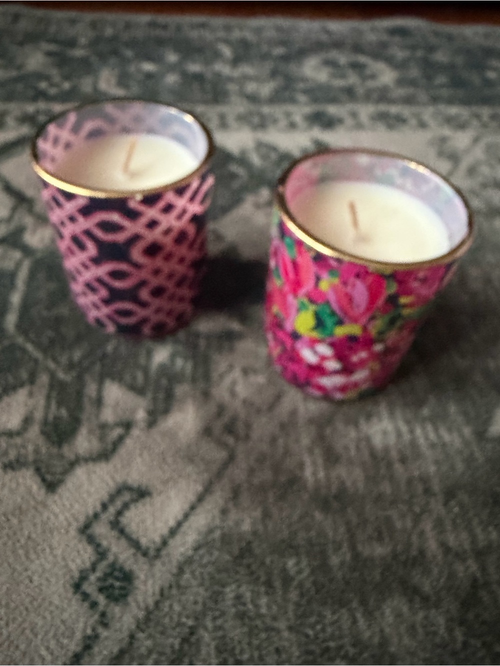 Lilly Pulitzer scented soy candles colorful patterned glass vessels gold rim